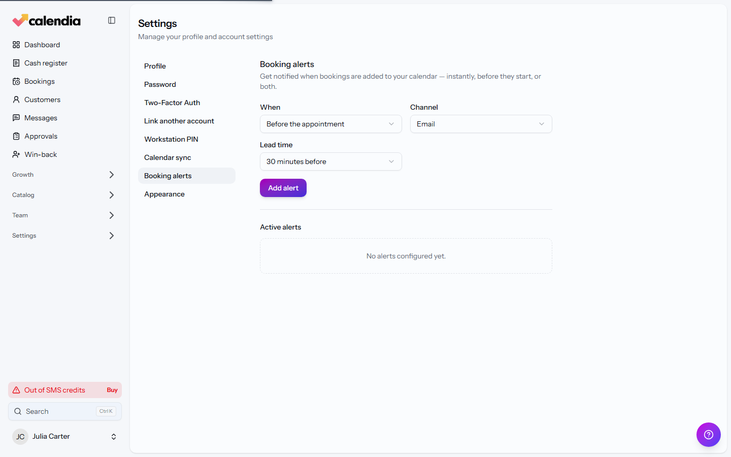 The Booking alerts settings page with the alert form and the list of active alerts.