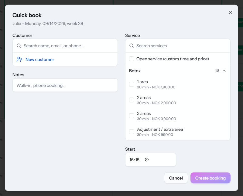 The Quick book dialog open from an empty calendar slot.