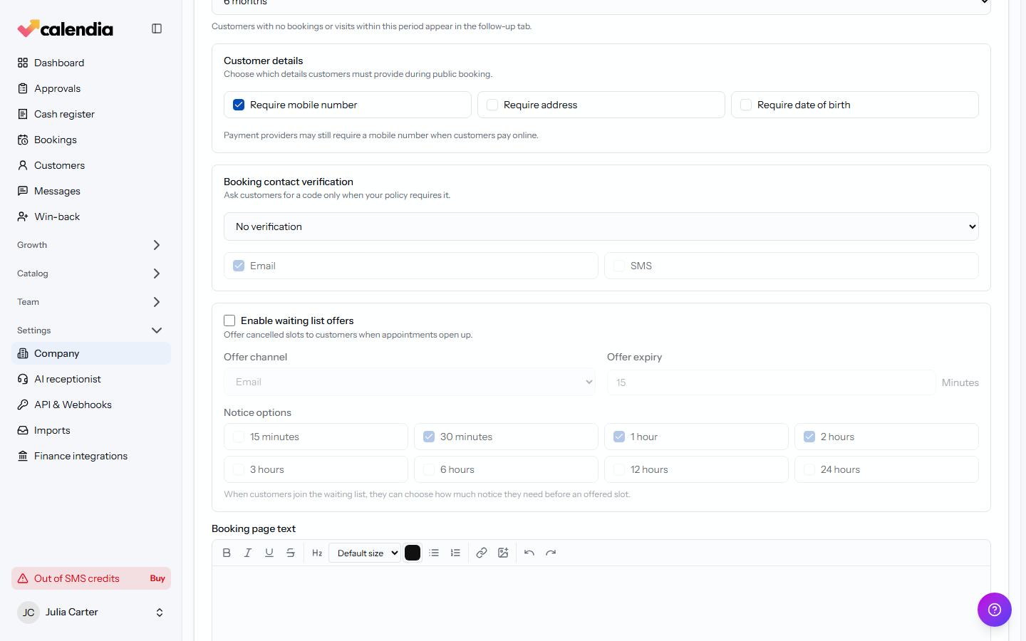 The waiting list settings on the Bookings tab of Company settings.
