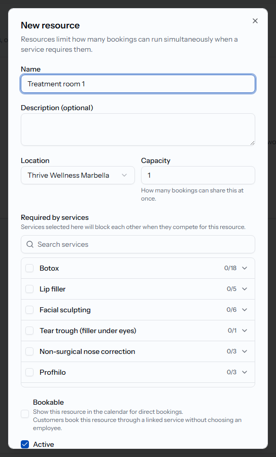 The New resource dialog with name, location, and capacity fields.