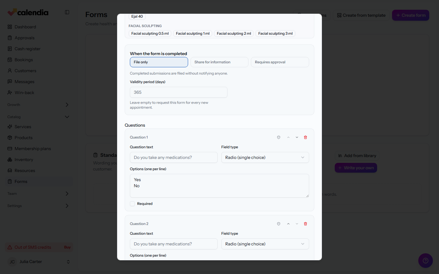 The form builder with a question being added and its field type selected.