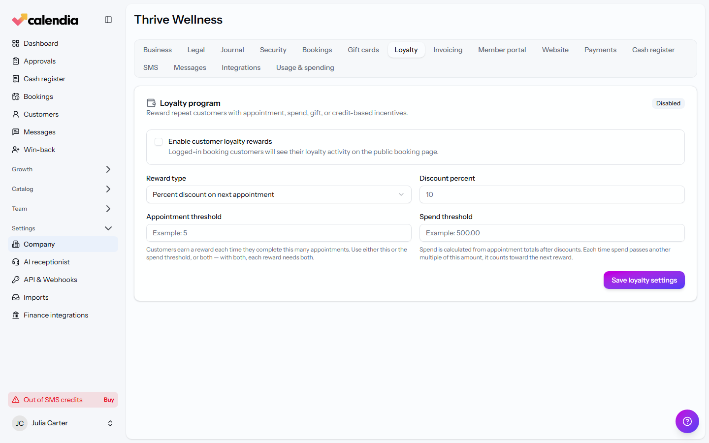 The Loyalty tab in Company settings with a reward type and appointment threshold set.