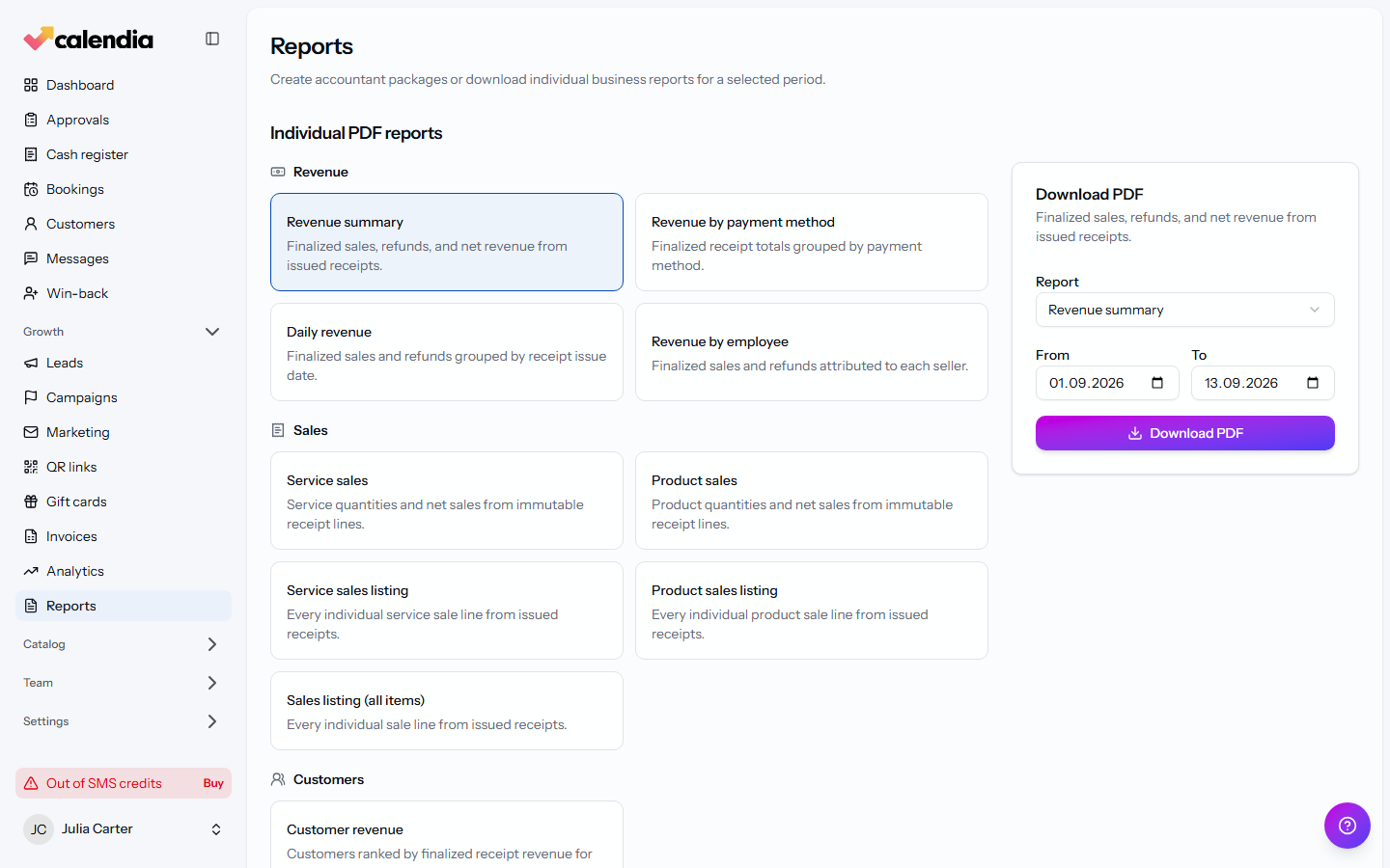 The Reports page with a report selected and the download panel.