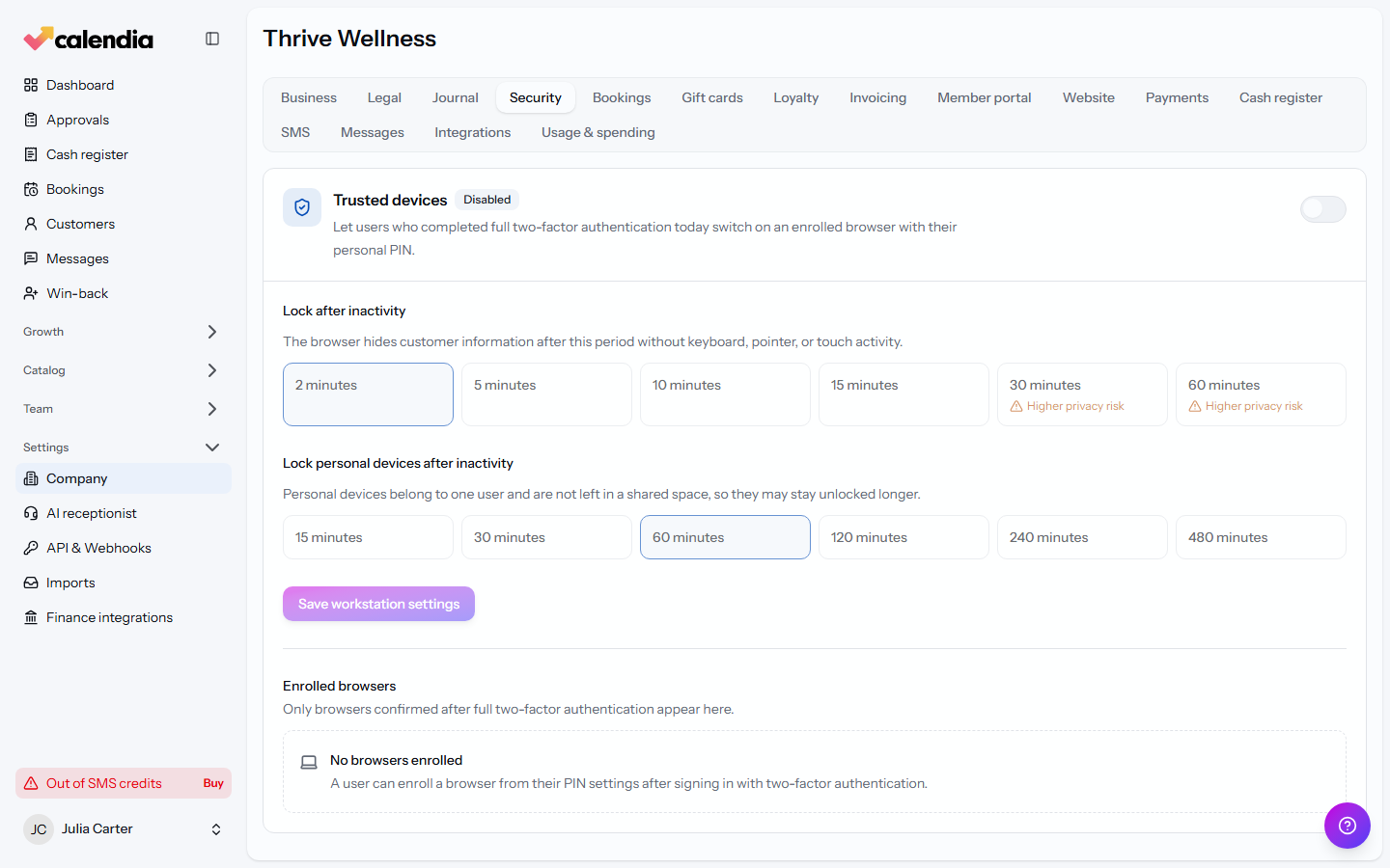The Trusted devices section on the Company Security tab with quick switching enabled.